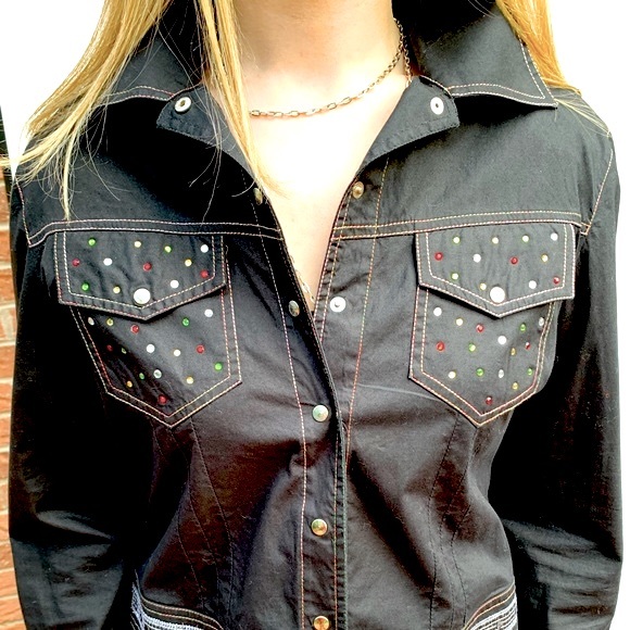 Black Cotton Collared Short Blazer Jacket colorful Jeweled beadings Rhinestones - Picture 4 of 16